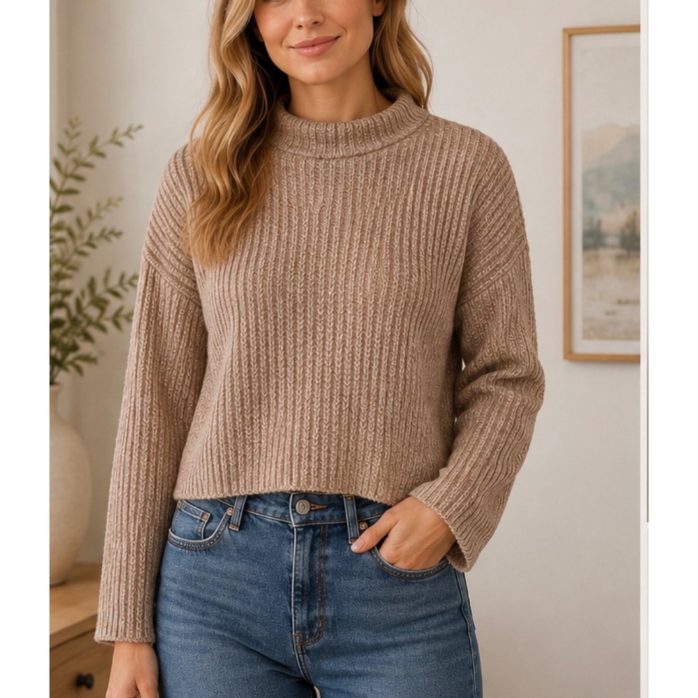 Reformation Yak Wool Sweater Women SM Tan Mock Neck Ribbed Neutral Capsule Stapl